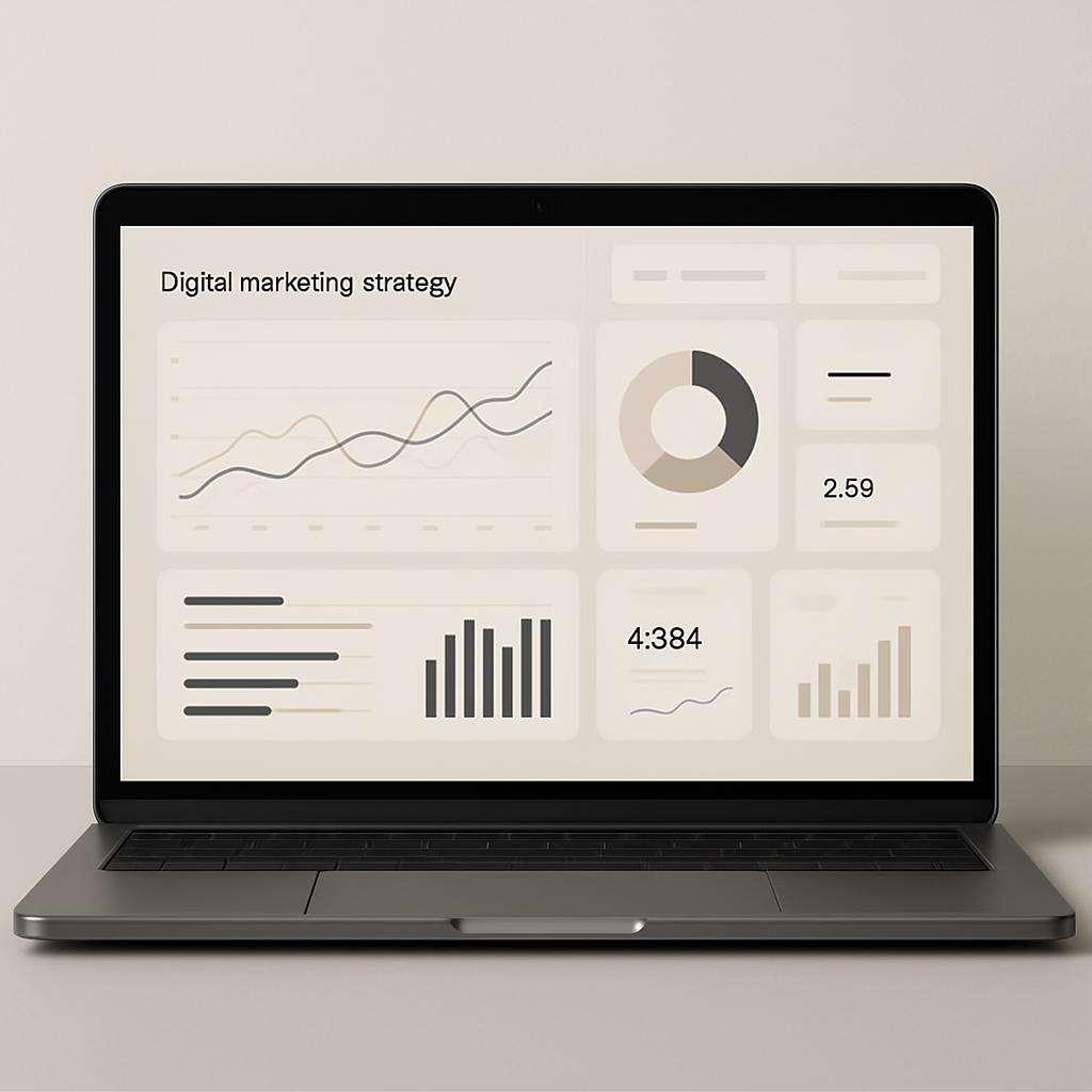 Open laptop displaying a digital marketing strategy on the screem. The laptop is in front of a beige backdrop.