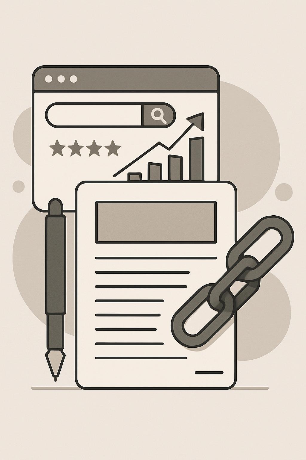 sample d, seo optimized web page, graph, arrow, stars, text box and pen.