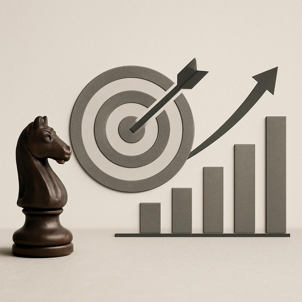 a chess piece, a bar graph, and a target with an arrow.