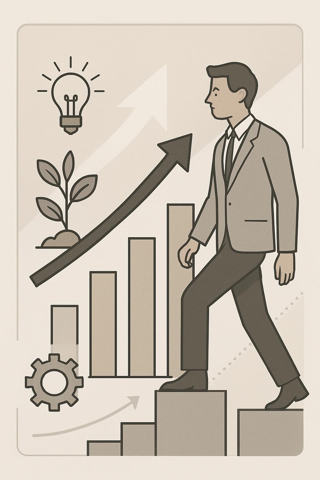 A man in a gray suit climbs stairs, accompanied by a light bulb, plant sprout, and a bar graph.