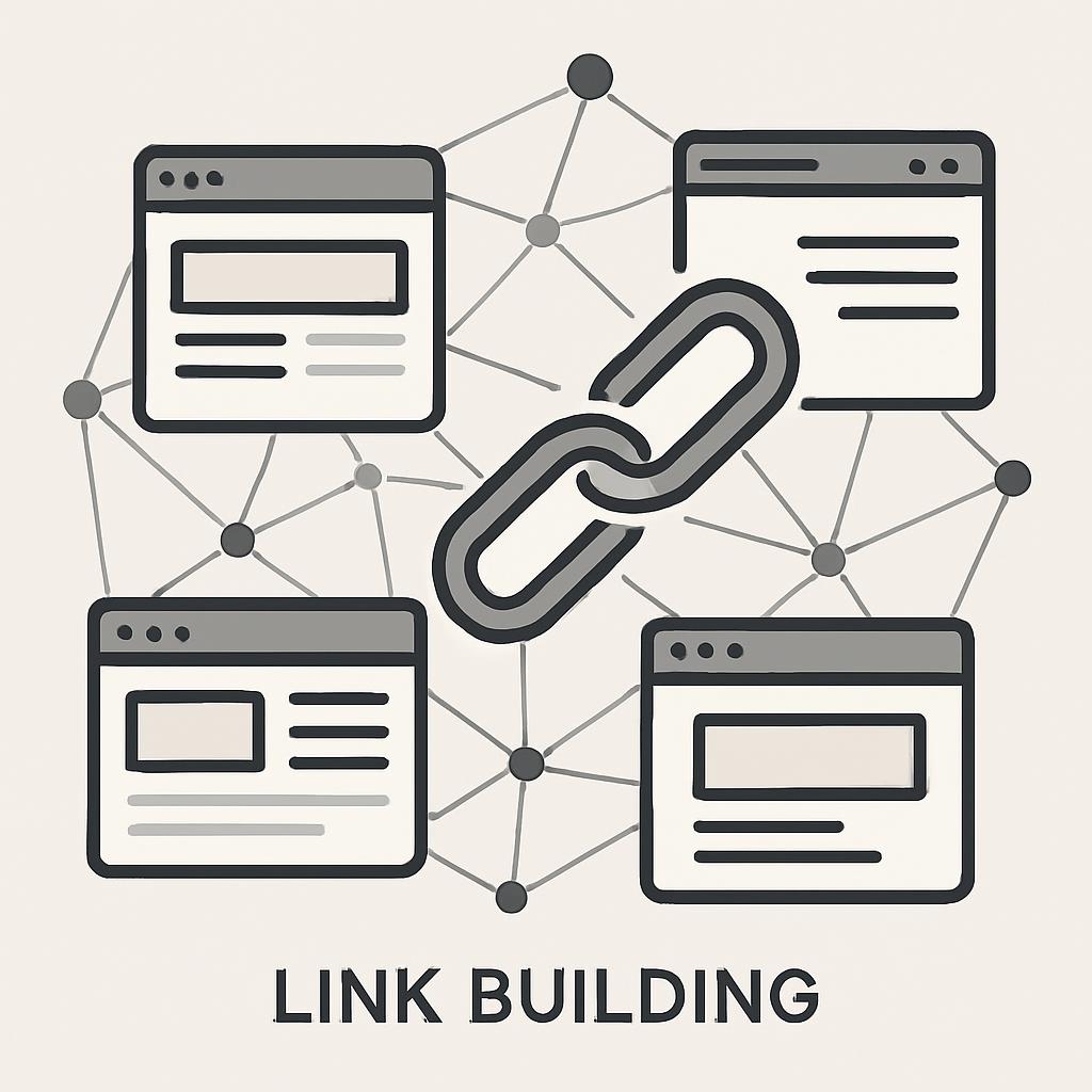 An image of link building, including a chain and web pages.