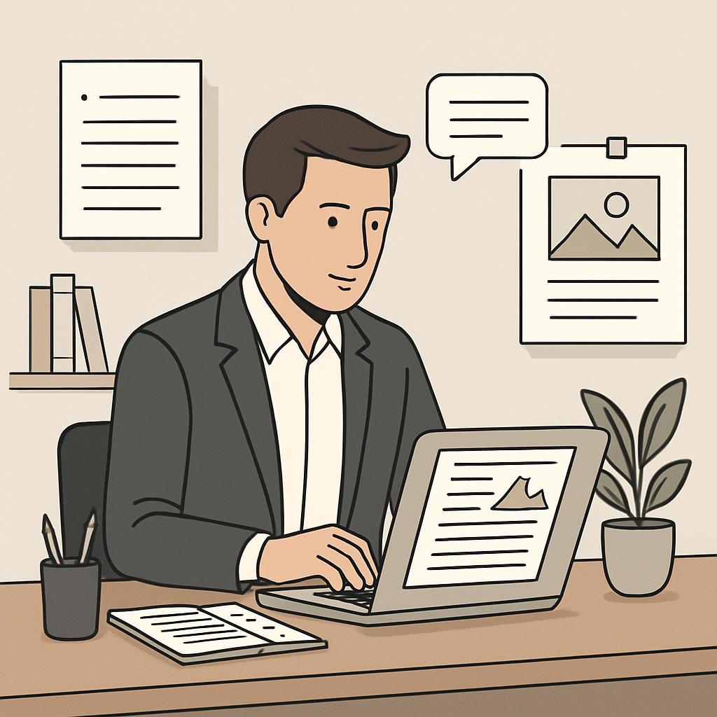 Man in a business suit at his desk typing on a laptop in an office environment.